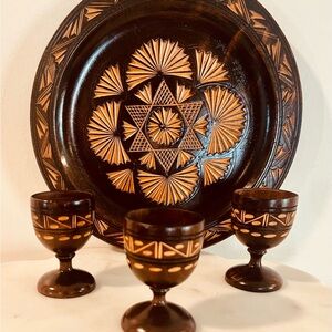 Vintage Polish Folk Art Wood Plate & 3 egg cups cordial cups hand carved/Boho